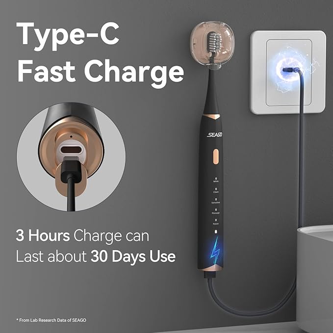 SEAGO Electric Toothbrush for Adults with Pressure Sensor Sonic Toothbrushes Holder Wall Mounted 30 Days Battery Life 5 Cleaning Modes 8 Replacement Heads Timer &amp IPX7 Waterproof (Black Midd