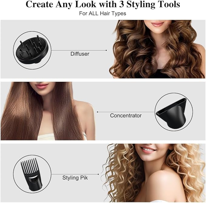 Powerful Hair Dryer- 1875W Professional Ionic Blow Dryer with 3 Attachments (Diffuser Nozzles Combs) 2 Speed 3 Heat Settings &amp Cool Shot Lightweight ALCI Safety Plug