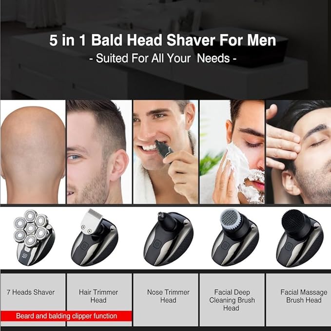 Head Shaver for Men 5 in 1 Men's Shaver Trimmer for Men Electric Shaver 7D Independently Razor Wet and Dry Hair Cutting Machine with Clipper