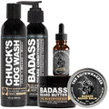 Badass Beard Care Complete Beard Care Kit - 5 Full Size Essentials - Includes Beard Oil Beard Balm Beard Butter Wash and Conditioner - Promotes Fuller &amp Thicker Beard Growth (The Bushwhacker)