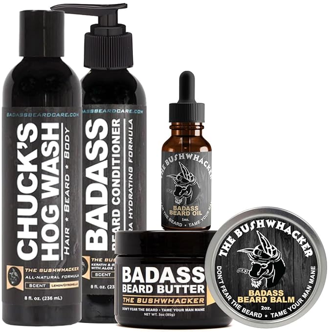 Badass Beard Care Complete Beard Care Kit - 5 Full Size Essentials - Includes Beard Oil Beard Balm Beard Butter Wash and Conditioner - Promotes Fuller &amp Thicker Beard Growth (The Bushwhacker)