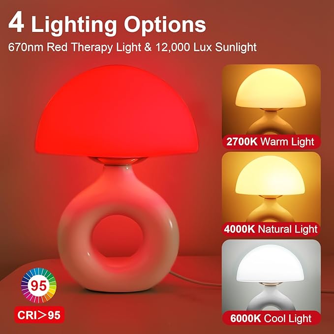 Mushroom Red Light Lamp for Sleep 670nm Deep Sleep Red Night Light - 4 Color and 5 Dimmable Remote Control with 30-90min Timer Bedroom LED Nightstand Lamp Glass Shade White Ceramic Base