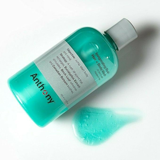 Anthony Mens Body Wash and Shampoo: Invigorating Rush 2-In-1 Liquid Gel Soap &amp Hair Shampoo Pine Wood Scent Hydrating with Eucalyptus Canadian Balsam Birch Leaf Charcoal Sea Kelp 12 Fl. Oz