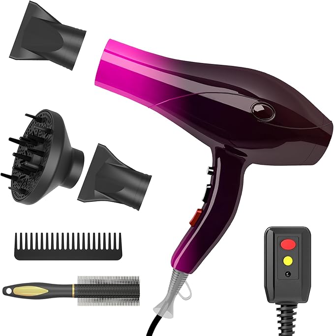 Ionic Hair Dryer2400W Negative Ion Low Noise Hair Dryer Professional Fast Drying Hair Dryers with 2 Speeds 3 Heat Settings Cooling Buttonwith Diffuser for Curly and Straight Hair（Crimson Fade）