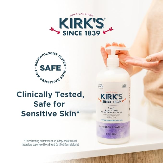 Kirk's 3-in-1 Head to Toe Nourishing Liquid Cleanser- for Men Women &amp Children - Premium Coconut Oil &amp Aloe Vera- Non GMO &amp Vegan - Lavender and Vanilla - 32 Fl Oz. - 2 Pack