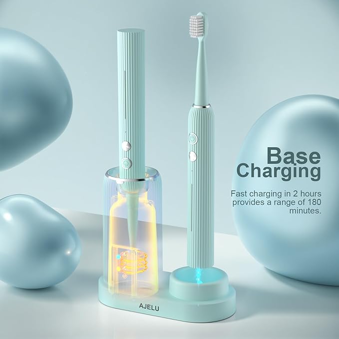 Rechargeable Sonic Toothbrush with Drying Holder 8 Brush Heads Smart Timer Waterproof Design – Mint Green Edition