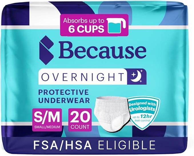 Because Overnight Absorbency Pull Ups - Adult Disposable Incontinence Underwear Extra Absorbent Nighttime Briefs for Men and Women White Small/Medium 20 Count