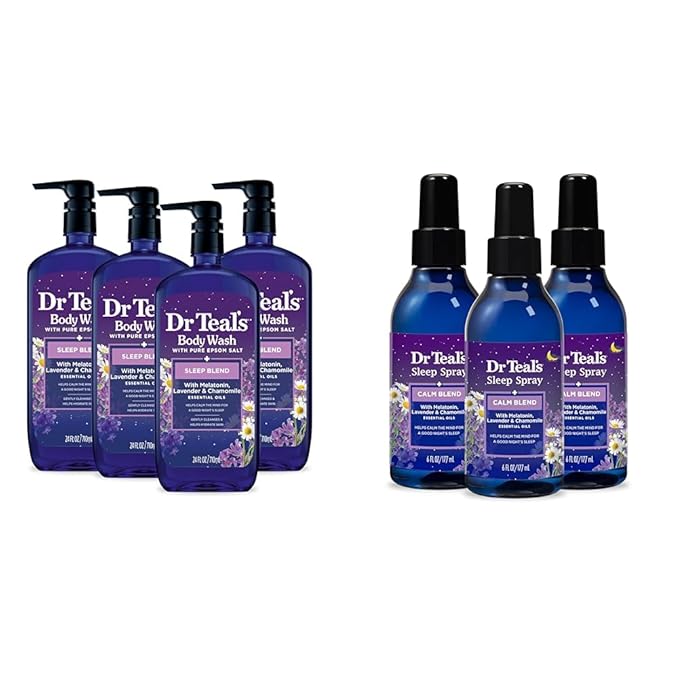 Dr Teal's Body Wash &amp Sleep Spray Bundle with Melatonin Lavender &amp Chamomile - Pack of 4 24 fl oz &amp Pack of 3 6 fl oz