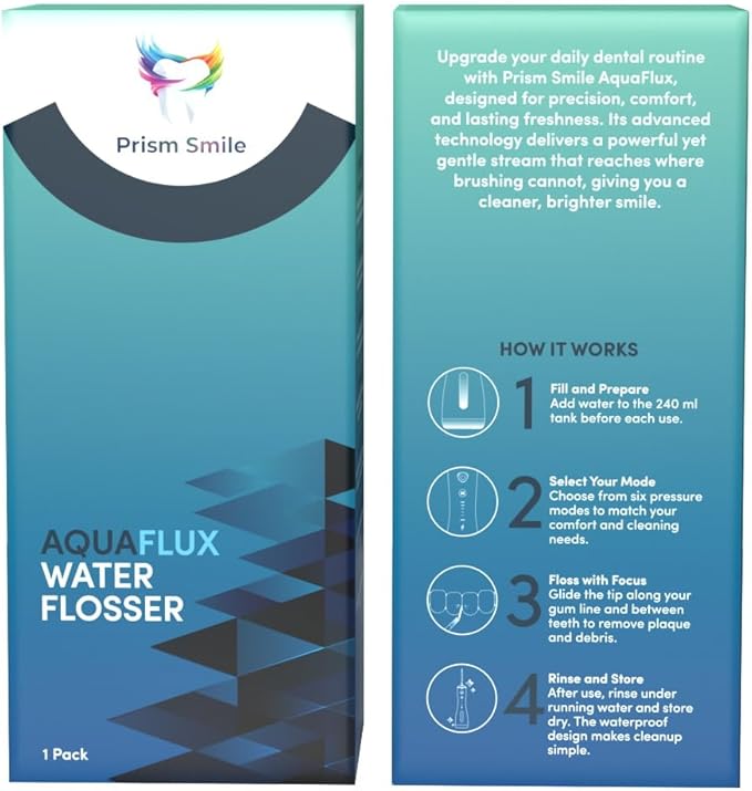AquaFlux Water Flosser Cordless Dental Irrigator with 6 Modes 240ml Tank IPX7 Waterproof 30-Day Battery Life 8 Tips Included
