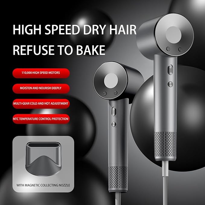 ELOVA High-Speed Hair Dryer 110000 RPM Brushless Motor for Fast Drying Gunmetal Gray Ionic Blow Dryer with Constant Thermo-Control Professional Quiet Hairdryer with Magnetic Nozzle for Home
