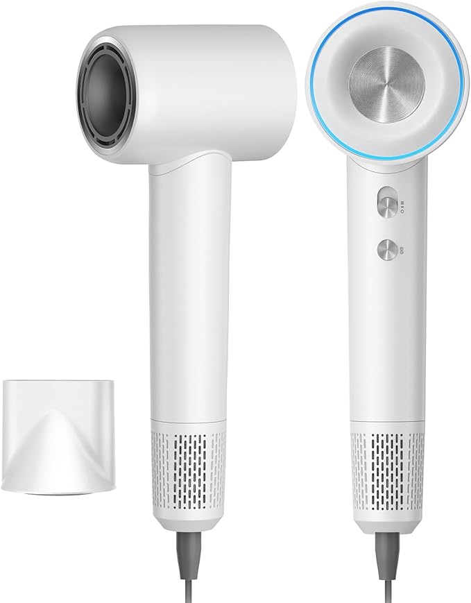 Ionic Hair Dryer 150000 RPM High-Speed Professional Blow Dryer for Fast Drying 500M Negative Ions &amp Thermo-Control Magnetic Nozzle Low Noise &amp Lightweight for Home and Travel White
