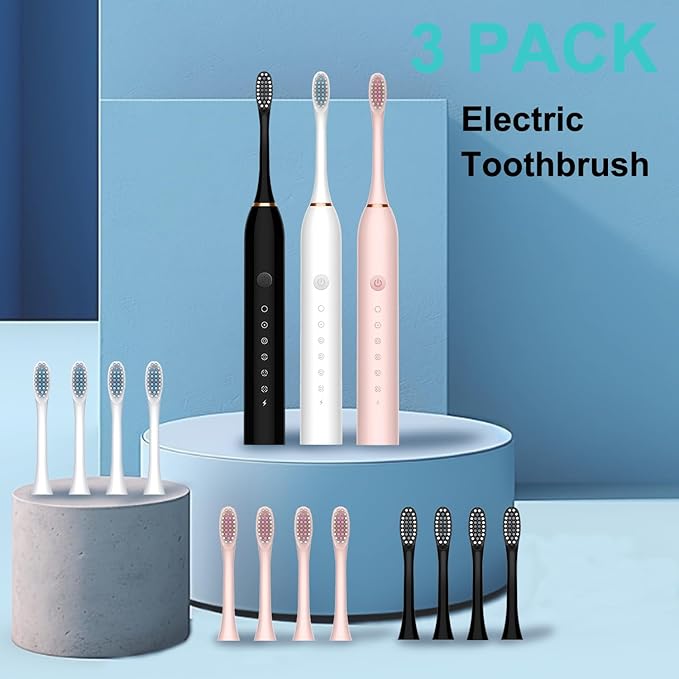 3 Pack Electric Toothbrush with 6 Modes Rechargeable Toothbrushes with 12 Brush Head Fast Charge 2 Min and 30s Timer Toothbrush