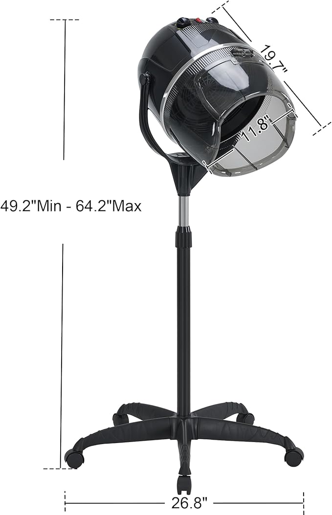 BarberPub 1300W Hooded Hair Bonnet Dryer with Stand Height Adjustable Floor Standing Rolling Base Beauty Salon Equipment with 360° Rotation VHD08