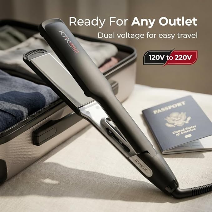 IZUTECH KTX450 Titanium 1.75 Inch Flat Iron Wide Plate Hair Straightener and Curler for Long Thick Hair Fast Heating Dual Voltage Adjustable Temperature up to 450°F Auto Shut Off