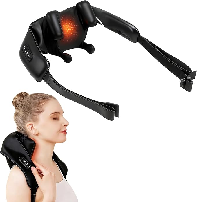Cordless Neck and Shoulder Massager with Heat Electric Deep Tissue Kneading for Back Pain Hands-Free Shiatsu Massage Pillow Portable for Home Office Travel