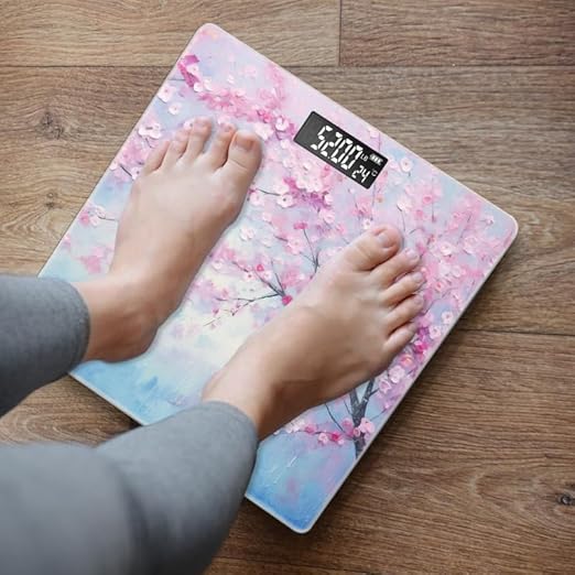 Digital Scale for Body Weight Highly Precision Bathroom Weight Scale 400 lbs with Backlit Display Personalized Scale for Home-Pink Cherry Blossom Tree with Light Blue Sky