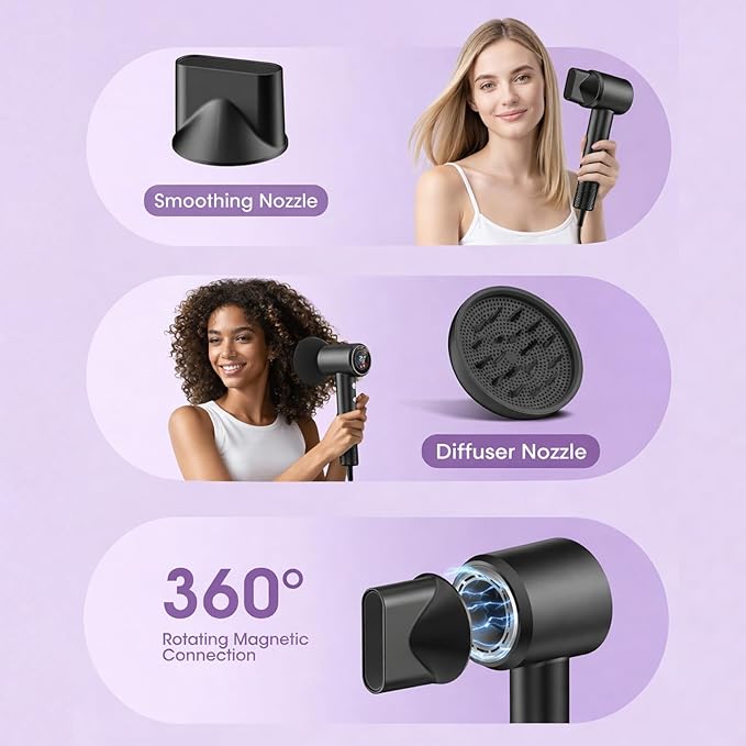 Hair Dryer Professional Ionic Hair Dryer 1600W Ultra-Fast Drying 500 Million Negative Ions Low Noise 160000 RPM Compact Blow Dryer with Magnetic Diffuser (Night Black)
