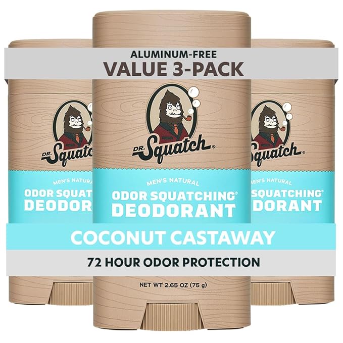 Dr. Squatch Natural Men’s Deodorant – Aluminum Free Natural Deodorant Men with Charcoal &amp Postbiotics for 72-Hour Odor Protection – Coconut Castaway 2.65oz Stick (3-Pack)