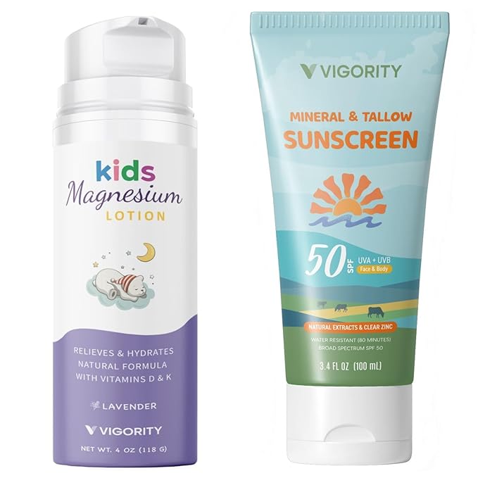 Day-to-Night Care Bundle for Kids: Vigority Tallow Sunscreen &amp Magnesium Sleep Lotion – Sun Protection and Nighttime Relaxation for Babies Toddlers and Kids