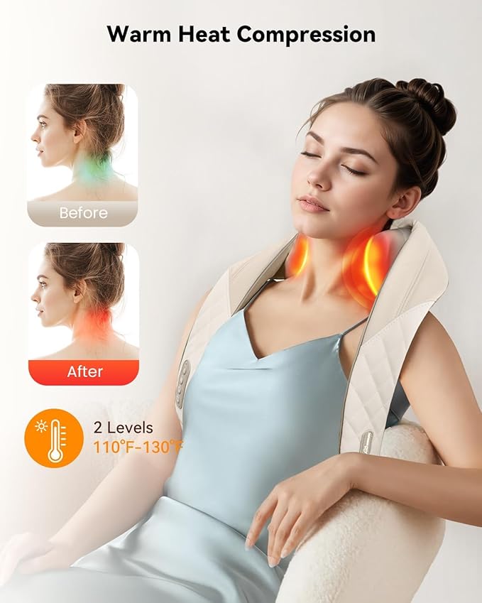 Snailax Cordless Neck Massager with Heat Kneading Neck and Shoulder Massager Deep Tissue Shiatsu Back Pillow 2 Heating LevelsGifts for Mom Dad