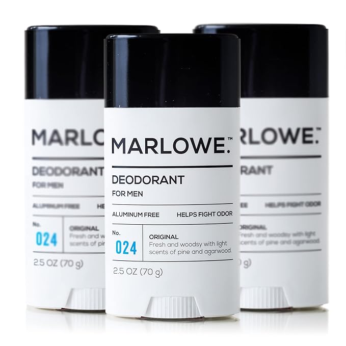MARLOWE. No. 024 Natural Deodorant for Men 3-Pack | Aluminum Free Stick | Made with Coconut Oil Shea Butter Jojoba | Only No-Nonsense Ingredients that Work Best | Sage &amp Fir Scent