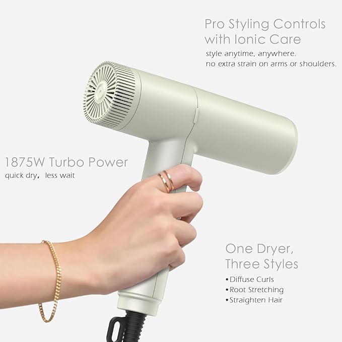 TOME Hair Dryer 1875W High-Speed EC Motor 110000 RPM Ionic Blow Dryer Fast Drying Cool Shot Lock 3 Heat 2 Speed 3 Attachments (Styling Nozzle Comb Nozzle Diffuser) 125V White