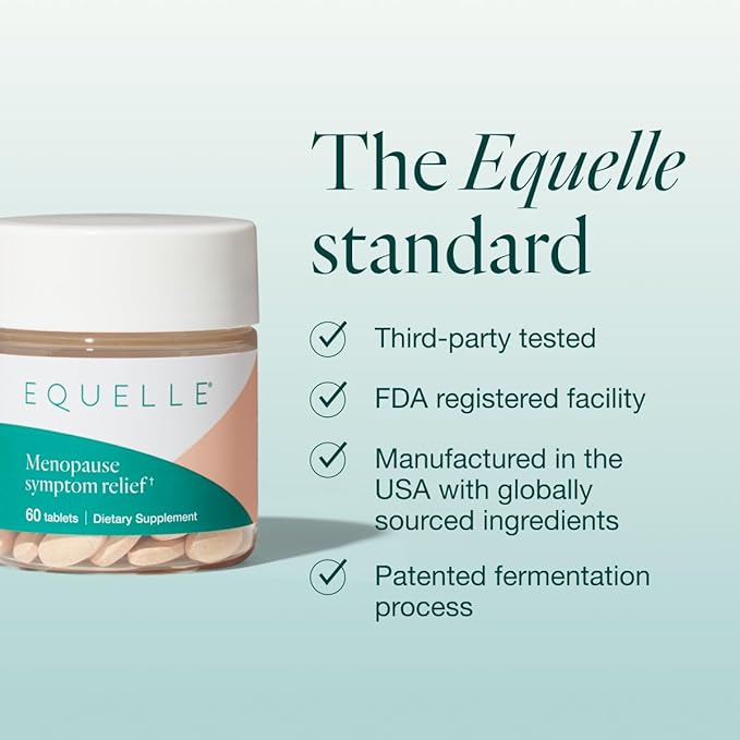 EQUELLE Multi-Symptom Perimenopause &amp Menopause Relief Relief from Hot Flashes Muscle Aches &amp Supports More Sleep. Hormone-Free Plant-Based S-Equol – 2 Month Supply (120 Tablets)