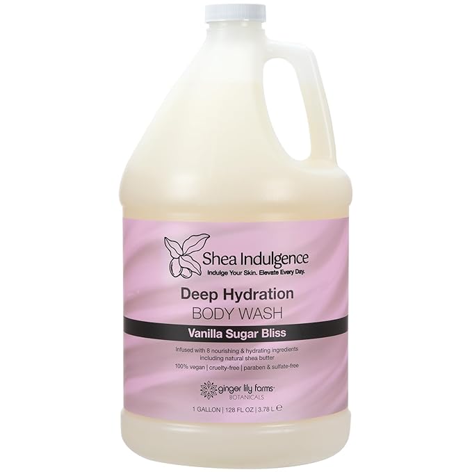 Ginger Lily Farms Botanicals Shea Indulgence Deep Hydration Body Wash 100% Vegan &amp Cruelty-Free Vanilla Sugar Bliss Scent 1 Gallon (128 fl oz) Refill