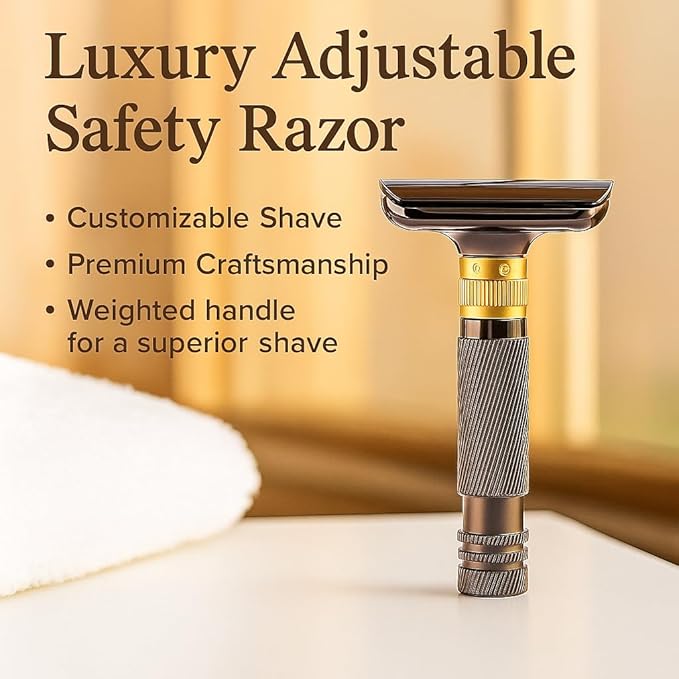 Luxurious and beautifully adjustable double-edged safety razor with 10 platinum-plated stainless steel razor blades reusable razor kit eco-friendly smooth close shave (Glossy Black + Base)