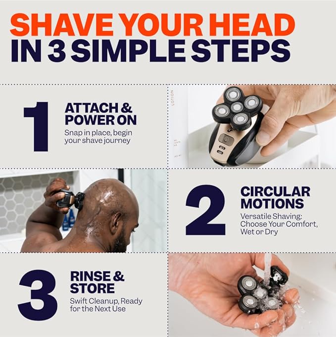 Freebird FlexSeries Electric Head &amp Body Hair Shaver - Mens Cordless Rechargeable Wet/Dry Skull Bald Head Back &amp Groin Waterproof Razor with Rotary Blades Clippers Nose Trimmer Brush Massa