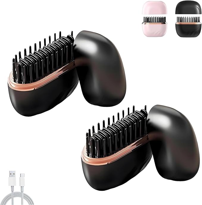 Glambrush Mini Hair Straightener 2-in-1 Cordless Hair Straightener Comb 3-Speed Temperature Control Anti-Scald Lightweight and Portable Mini Size for Home Travel (Black 2pcs)