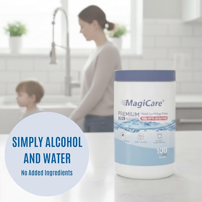 MagiCare 75% Large Alcohol Wipes (2 Canisters) - Alcohol Hand Sanitizing Wipes Unscented - Premium Hand Wipe Sanitizer Wipe - Home Classroom Cleaning Camping - 2 100ct Canisters (200pcs)