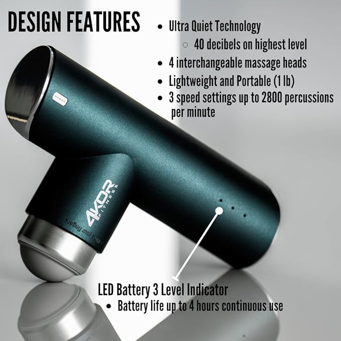 4KOR Fitness Mini Percussion Massage Gun Rechargeable Handheld Stimulation Deep Tissue Vibration Massager Ultra Quiet