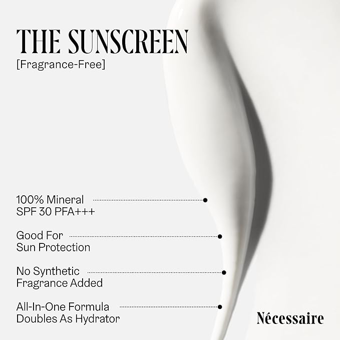 Nécessaire The Mineral Sunscreen SPF 30 PA+++. For The Body. Broad Spectrum. Zinc Oxide Hyaluronic Acid Niacinamide. Hydrate. Protect Against Sun Damage + Premature Aging. Dermatologist-Tested 5.1oz