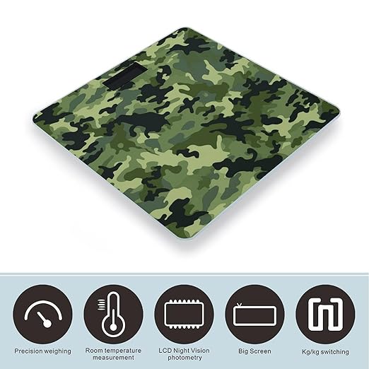 Camo Green Scale for Body Weight Safe Rounded Corners Tempered Glass Digital Bathroom Scale LED Display 400lb Capacity Weight Scales with High Precision Sensors