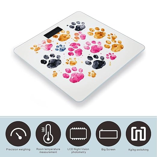 Colorful Dog Paws Scale for Body Weight Safe Rounded Corners Tempered Glass Digital Bathroom Scale LED Display 400lb Capacity Weight Scales with High Precision Sensors