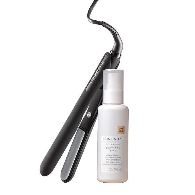 Kristin Ess Flat Iron Straightener + Style Assist Heat Protectant Spray Set - 3/4 Inch Ceramic Mini Straightener for Short Hair - Travel Case - Auto Shut Off