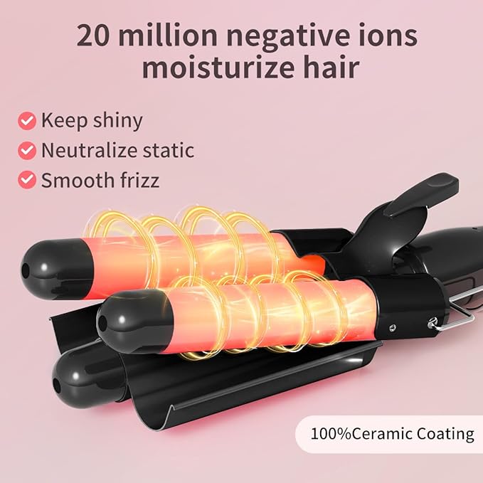 3 Barrel Curling Iron 1 Inch 2 Temp Settings (356°F/410°F) Hair Waver for Women Fast Heating 60s Ceramic Coating &amp Negative Ions for Frizz-Free Shiny Beach Waves Black