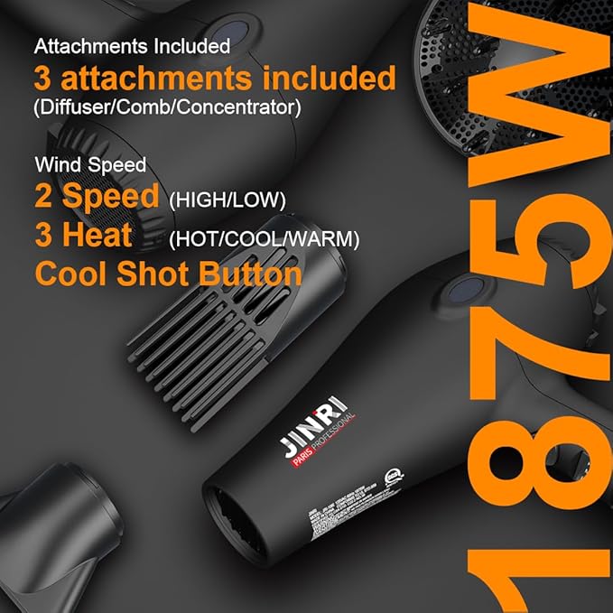 Blow Dryer - JINRI 1875W Diffuser Hair Dryer for Salon &amp Personal Use – Powerful Fast Drying with Diffuser and Comb &amp Nozzle for Women &amp Men ALCI Safety Plug Black