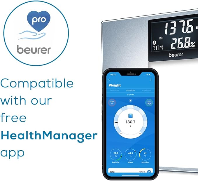 Beurer BF720 Smart Scale for Body Weight Body Fat Body Water &amp More – 400 lb Capacity Bluetooth App Calorie Data User Recognition XL LCD Display Glass Digital Bathroom Scale – Grey