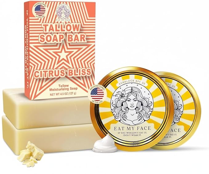 Eat My Face 2 Beef Tallow Sunscreens SPF 30 &amp 2 Beef Tallow Soaps Bundle Organic Sunscreen for Face with Non Nano Zinc Oxide Citrus Bergamot Soap Bar Moisturizing Handmade Tallow Soap
