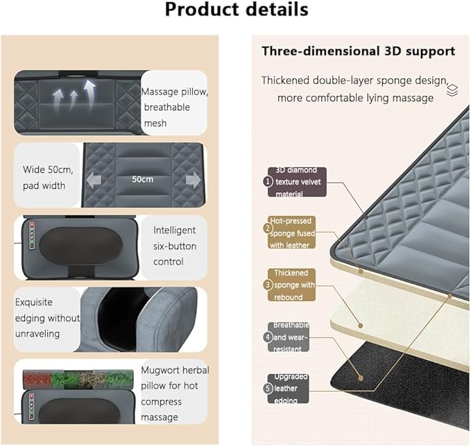 Back Massager Heated Massage Seat Cushion Nine-Level Intensity Adjustment 10/20/30 Minute Timer 10 Vibration Motors Leg and Foot Kneading Foldable Suitable for Home and Office Use