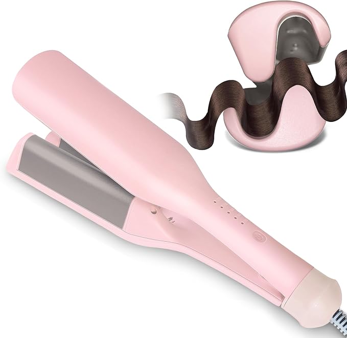 Beach Waves Curling Iron 1.4 Inch Double Barrel Waver Ceramic Wave Iron for Hair Beach Waver Hair Crimper for Women Anti-Scald Dual Voltage Wavy Iron Deep Wave Tool Pink