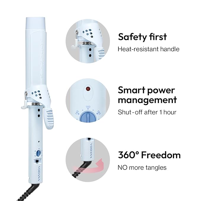 VODANA Professional GlamWave Ceramic Curling Iron Long-Lasting Natural Curls Instant Heat Hair Curler Curling Wand Available in USA (1.4 inch Creamy Blue)