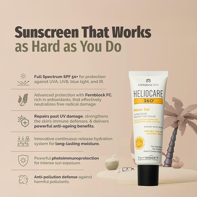 Helio-care 360º Water Gel SPF 50+ PA++++ Sunscreen | Ultra-Light Hydrating Sunscreen for Dry &amp Dehydrated Skin | Hyaluronic Acid | Water &amp Sweat Resistant | No White Cast | 50ml