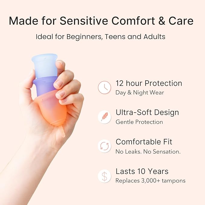 Lena Sensitive Menstrual Cup - Size Large - Ultra-Soft Reusable Silicone Period Cup for Sensitive Anatomy 12-Hour Comfort Gentle &amp Leak-Free Protection (LENA-COR-L)