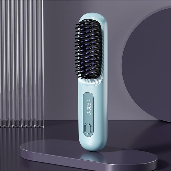 Cordless Hair Straightener Brush with LCD Temper Ature Display Rechargeable Heating 3 Adjustable Temperature Settings Portable Hair Straightener(Purple)