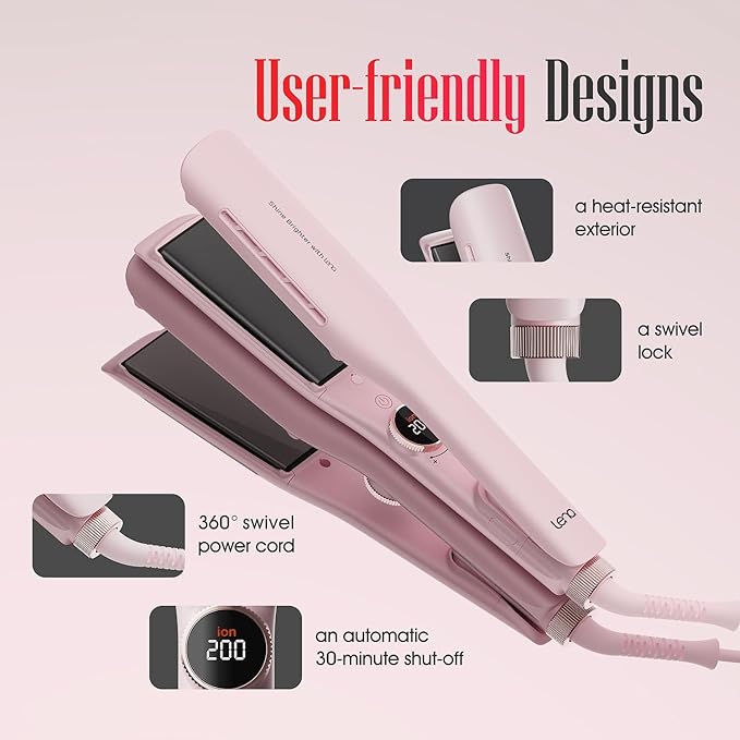 Professional Hair Straightener LENA H2S Wide Flat Iron with Wider Titanium Plates 12 Adjustable Temps LED Display Fast Heating Dual Voltage &amp 30 Minutes Auto Power-Off