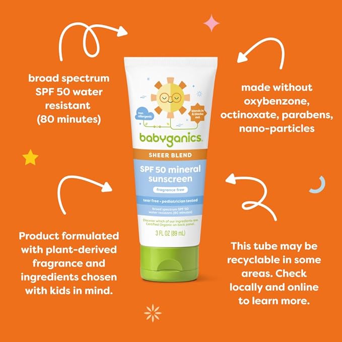 Babyganics SPF 50 Mineral Sunscreen Lotion Sheer Blend UVA UVB Protection Octinoxate &amp Oxybenzone Free Water Resistant Fragrance Free 8 oz