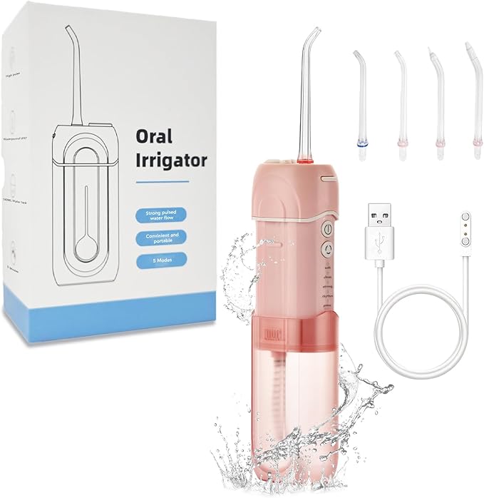 Cordless Water Flosser for Teeth with 4 Cleaning Modes 4 Jet Tips 160ML Water Tank IPX7 Waterproof Rechargeable Portable Oral Irrigator Pink